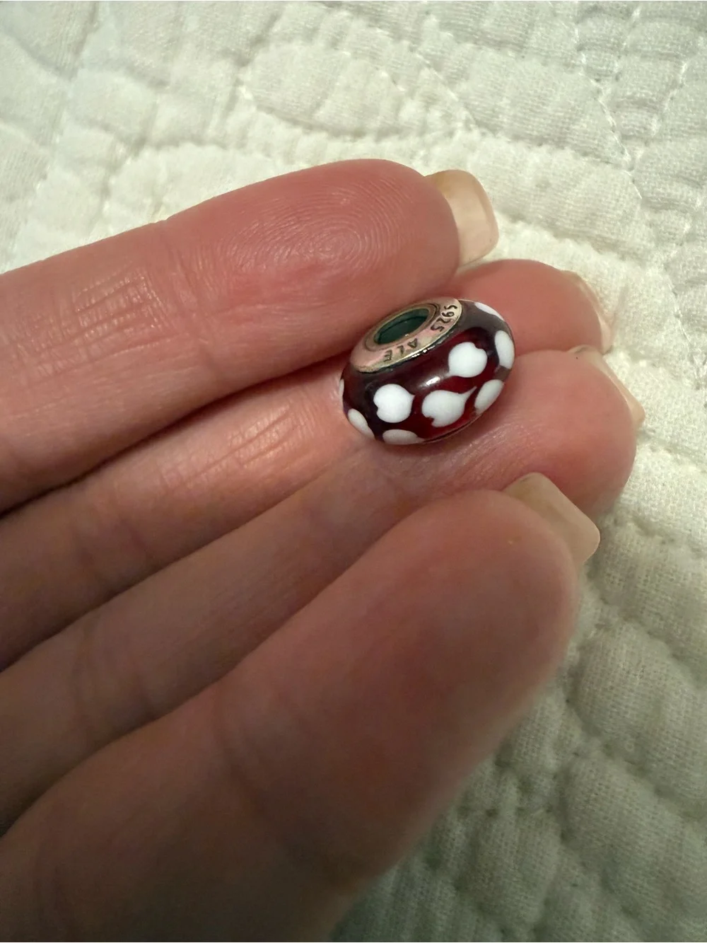 Pandora red Murano glass with white hearts Bead